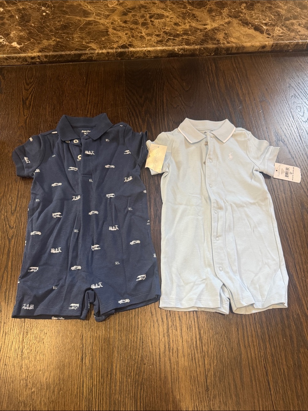 Lot of 2 Polo by Ralph Lauren Navy & Light Blue Polo One-Piece Rompers